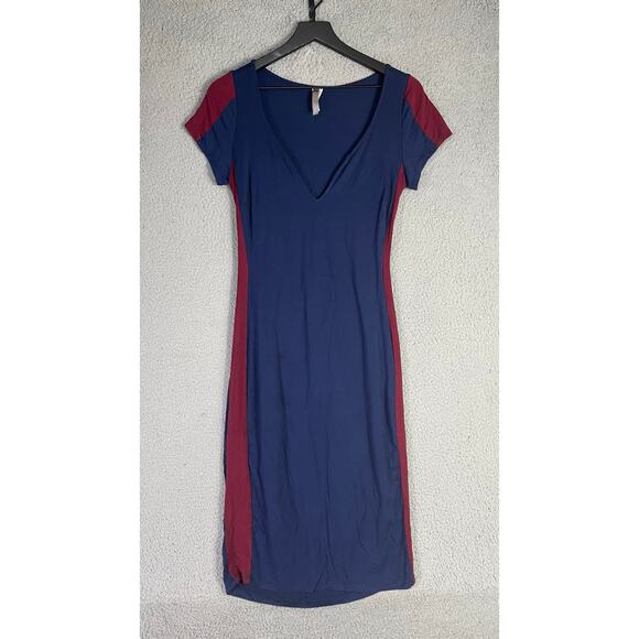 W.SHE Navy Bodycon Dress Large Cutout Back Colorblock V Neck Sexy Stretch Club - Picture 2 of 9